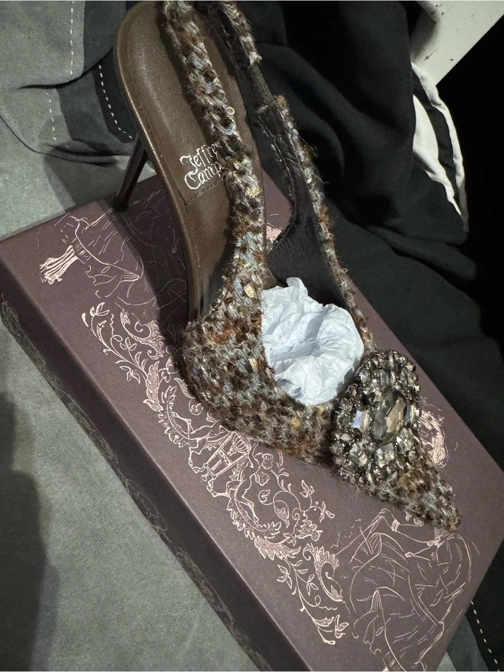 Jeffrey Campbell Brown Tweed Slingback Heel with Crystal Brooch